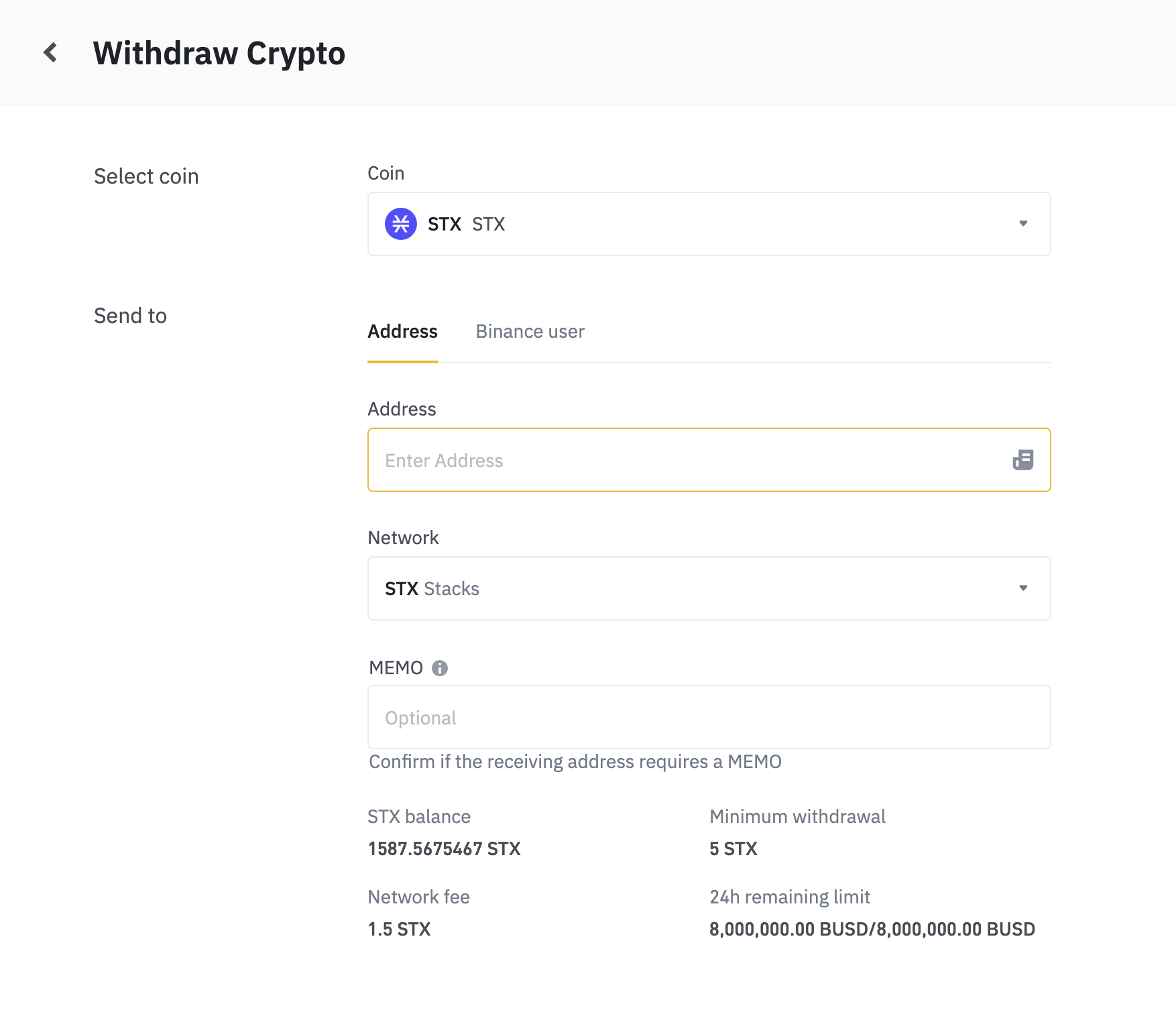 Withdraw $STX from Binance